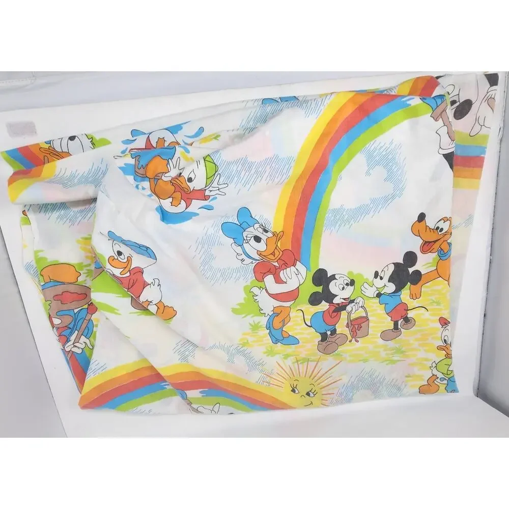 Vtg Mickey Mouse Twin Sheet Set Donald Duck Pluto Painting Rainbow 3pc Disney